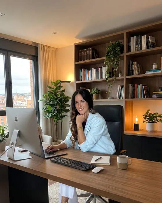 Mónica Pérez sentada en su despacho, sonriendo, frente al ordenador, con estanterías de libros detrás.